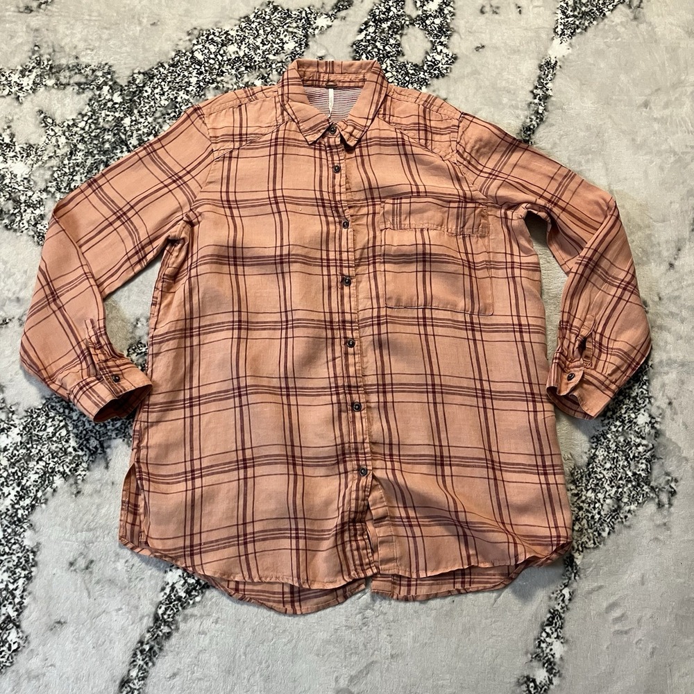Free People No Limits Linen Shirt Womens Size M Button Front Split Back Plaid